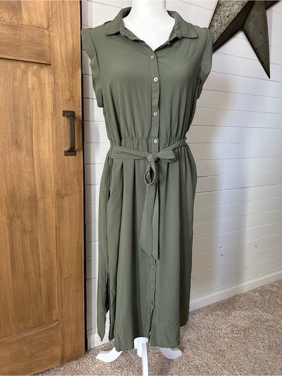 Banana Republic Dresses & Skirts - Sz L Banana Republic Sleeveless Olive Midi Shirt Dress button down w/ Waist Tie